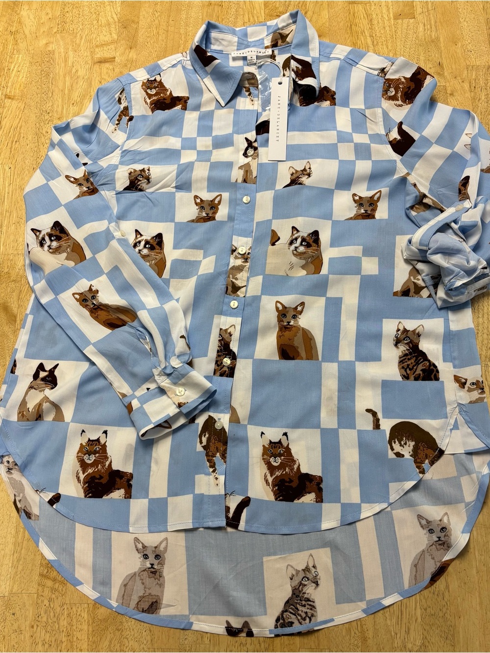 Jane and Delancey Light Blue and White Cat Print Button-Down Shirt